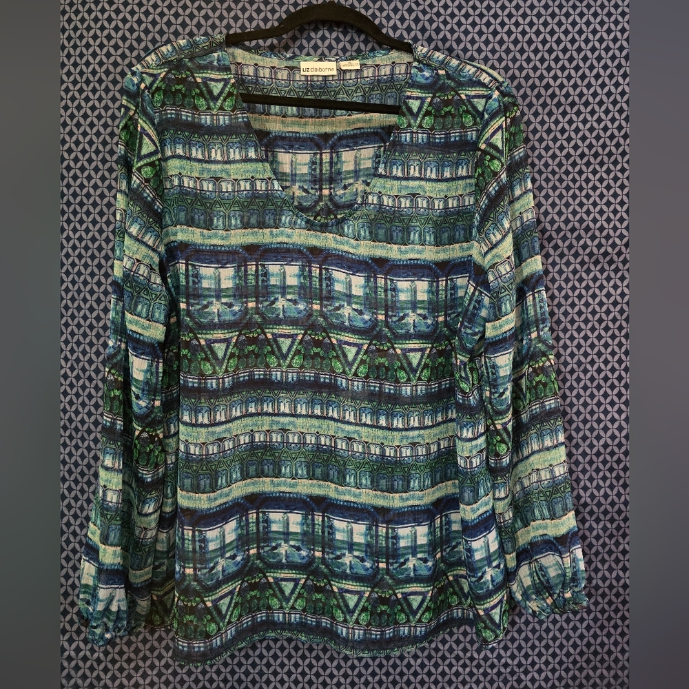 Liz Claiborne - Ladies Sheer Multicolor Geometric Blouse - XL